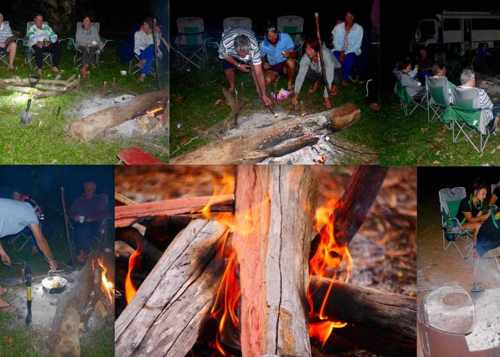 Collage of people at camp cooking.