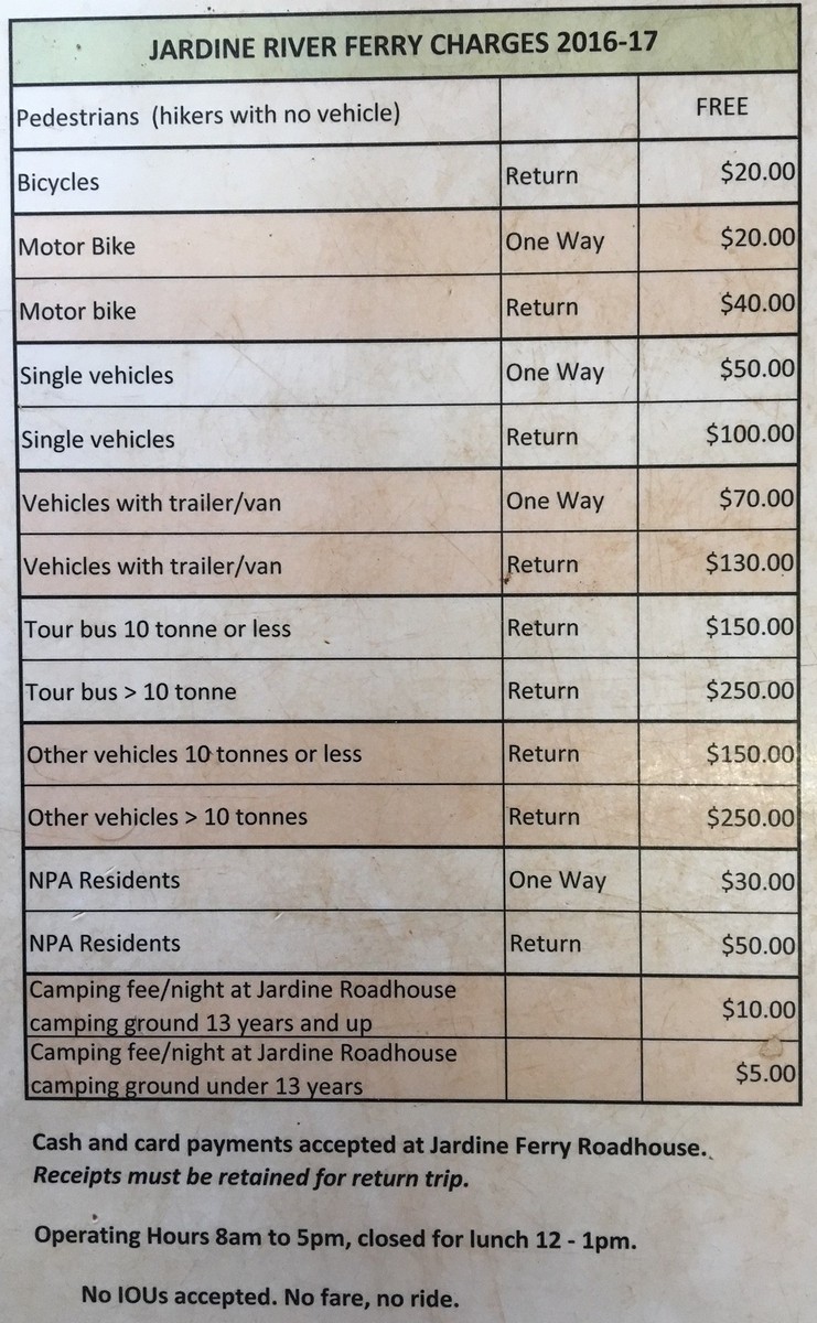 Ferry prices at Jardine River. Table.