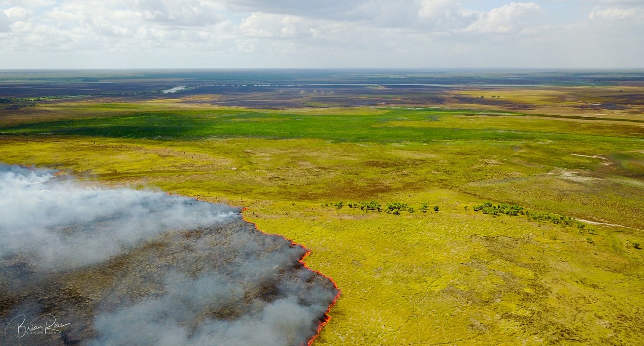 drone imagery of a fire burning through a grass plain