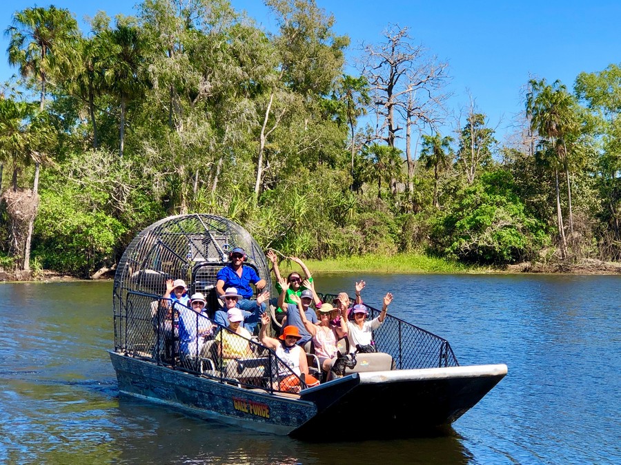 people on air boat in northern territory
