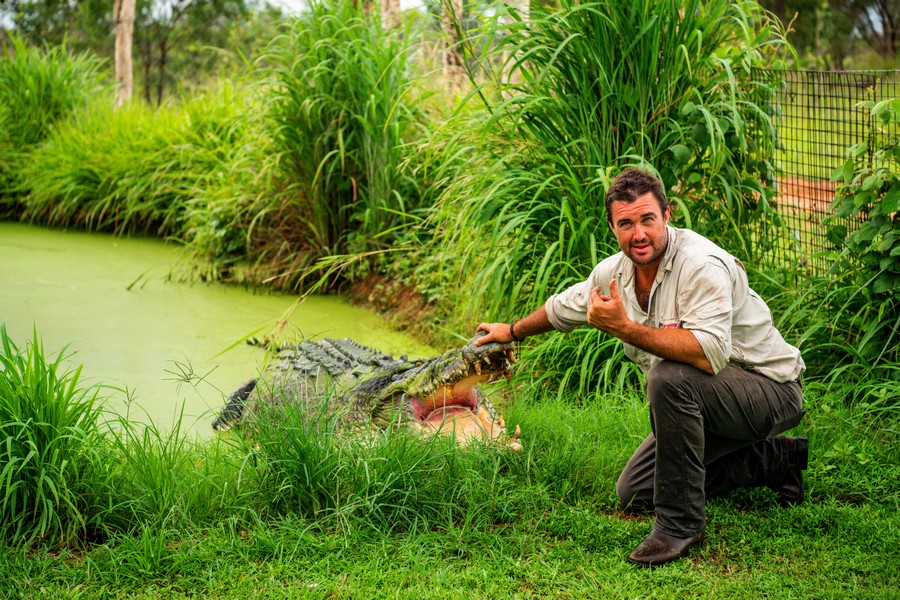 Matt Wright touching crocodile on head