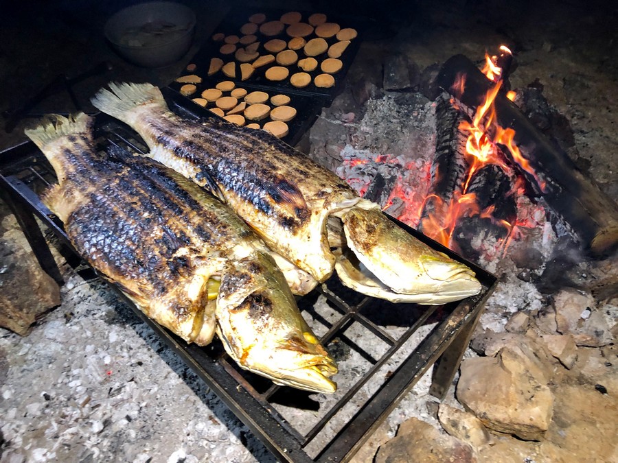 barramundi cooking on fire
