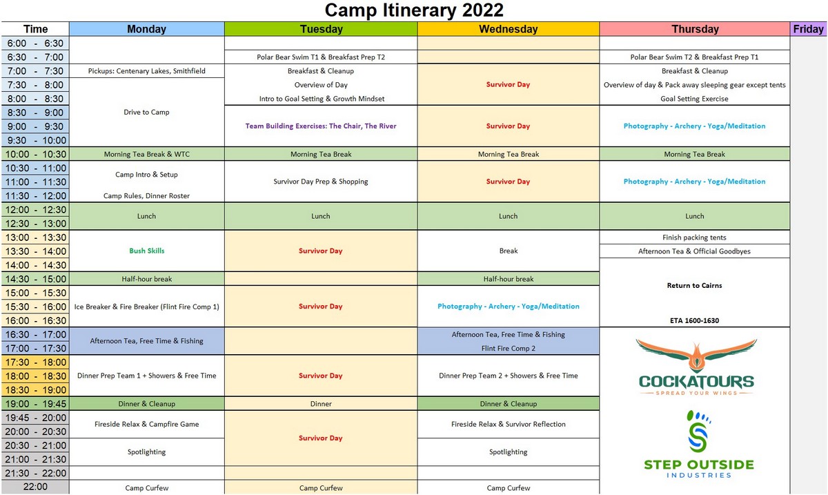 itinerary for a youth camp
