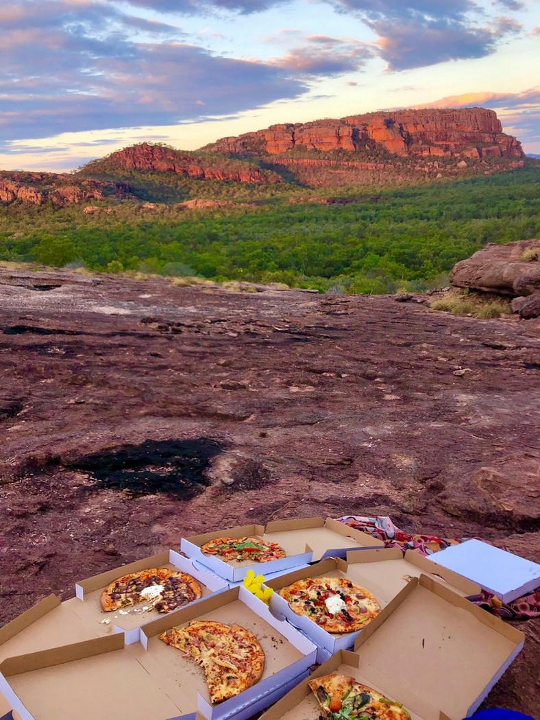 pizza picnic at sunset in kakadu northern territory