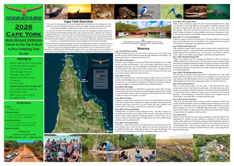 preview of 2026 cape york tour itinerary
