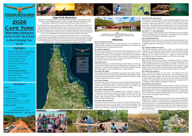 preview of 2026 cape york tour itinerary