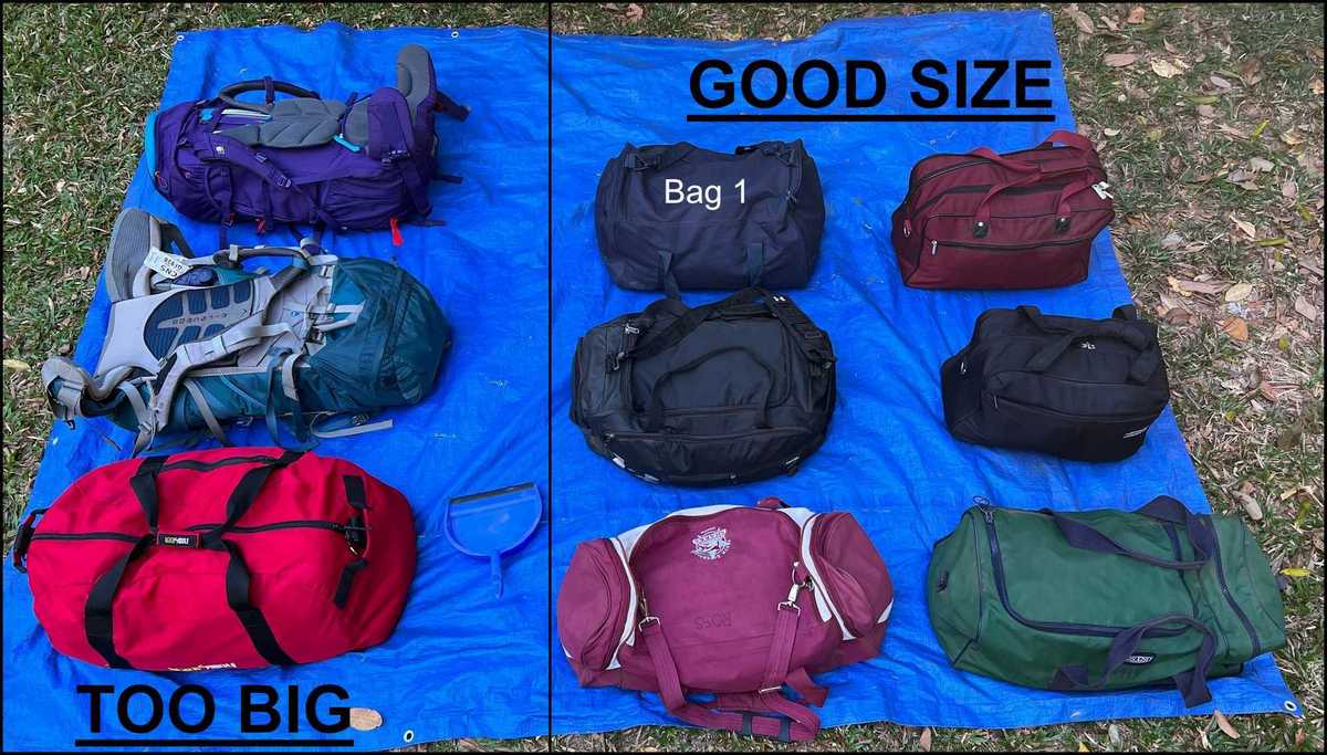 various bags on tarp for size
