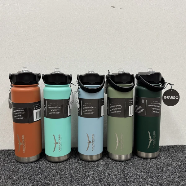 5 stainless steel water bottles of different colours