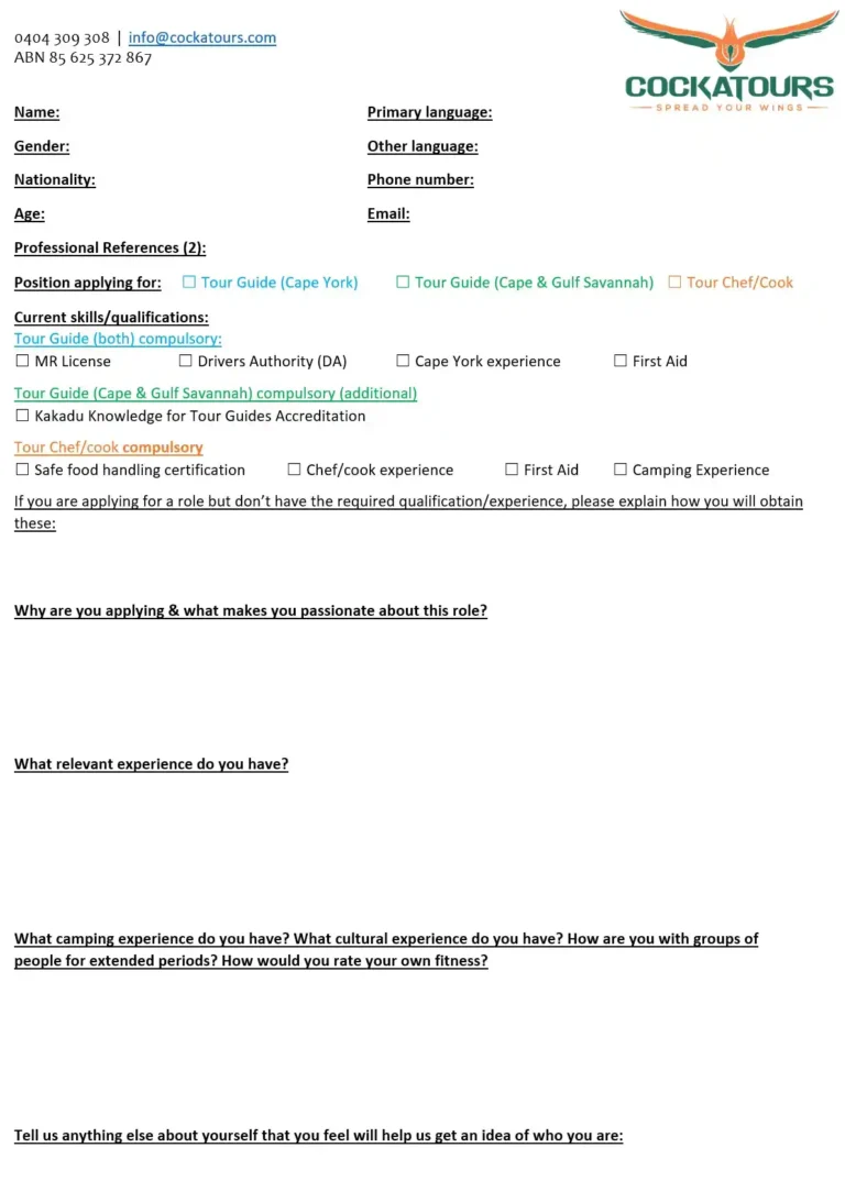 screenshot of application for tour guide job